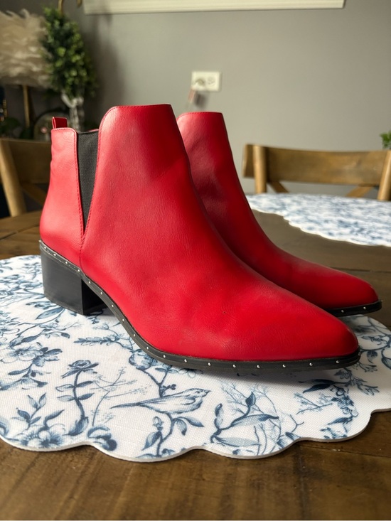Shoes - Red Women's Leather Ankle Boots - Sleek Stud Trim
